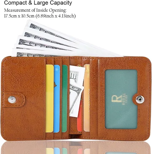 Miniatura 2 de Funtor Cartera de cuero para mujer, pequeña y compacta, con bolsillo doble, bloqueo RFID, para mujer