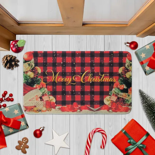 Miniatura 3 de Felpudo Rojo de Búfalo a Cuadros Feliz Navidad Decorativo 30"x17", Felpudo de Árbol de Navidad de Temporada Antideslizante Lavable de Bajo Perfil