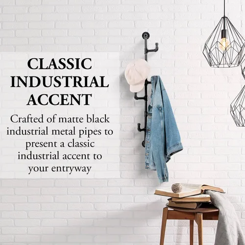 Miniatura 2 de MyGift Perchero industrial de tubo de metal negro montado en la pared para sombreros y percheros con 6 ganchos de brazo ajustables, ganchos