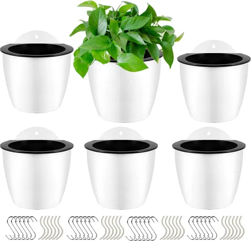 HOIGON Paquete de 6 macetas colgantes de agua de 7 pulgadas, macetas de plástico para colgar en la pared con ganchos en S y mechas, maceta para