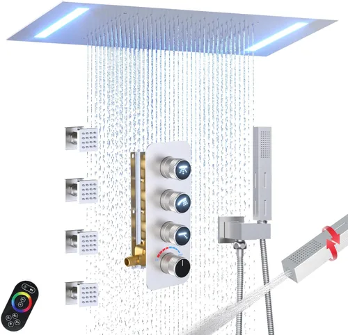 Miniatura 14 de Enga Sistema de cabezal de ducha doble, cabezal de ducha LED de lluvia de 14 x 20 pulgadas con cabezal de pared de 6 pulgadas, juego de grifo de Oro