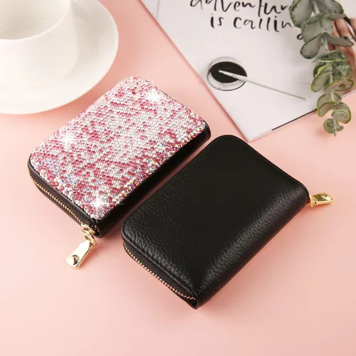 Miniatura 6 de AsAlways Funda con cremallera multicapa con diamantes de imitación RFID, cartera pequeña delgada para mujer, Rosado, Moderno