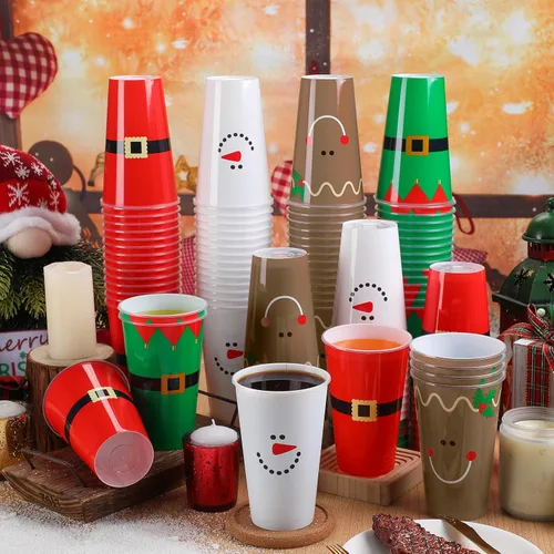 Miniatura 2 de Bokon 100 Piezas Vasos de Navidad de 16 oz de Plástico Desechables de Papá Noel Vasos con Diseños de Cinturón de Papá Noel Muñeco de Nieve Alce