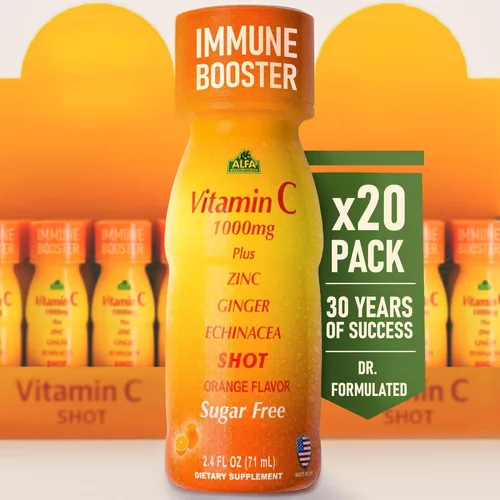 Miniatura 11 de ALFA VITAMINS Disparo de vitamina C de 1000 mg con zinc, jengibre y equinácea - Apoya la salud inmunológica y el bienestar diario - Sabor naranja