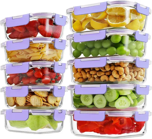 Miniatura 13 de HOMBERKING - Juego de 10 recipientes de vidrio borosilicato para preparación de comidas con tapas de cierre, juego de recipientes de vidrio