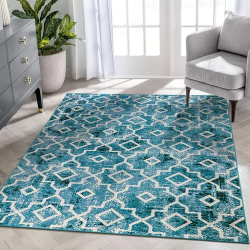 Miniatura 32 de Moynesa Alfombra marroquí lavable de 2 x 3 pulgadas, pequeña, azul, para cocina, baño, suave, antideslizante, de pelo bajo, moderna, geométrica