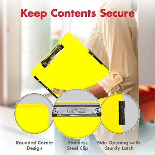 Miniatura 5 de Dexas Slimcase 2 - Portapapeles de plástico con almacenamiento y apertura lateral, color amarillo neón, suministros de oficina para organizar