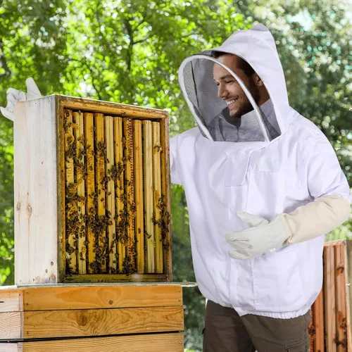 Miniatura 7 de Chaqueta de apicultura para hombres y mujeres, chaqueta de abeja de polialgodón con capucha de velo, chaqueta de apicultor, suite de apicultor