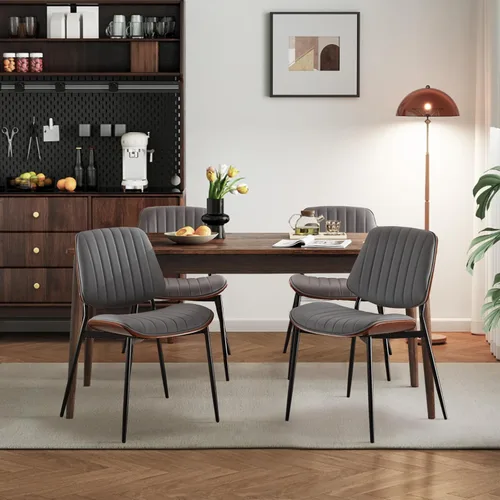 Miniatura 14 de Juego de 2 sillas de comedor tapizadas modernas de mediados de siglo con respaldo de nogal, sillas laterales de piel sintética con acento retro