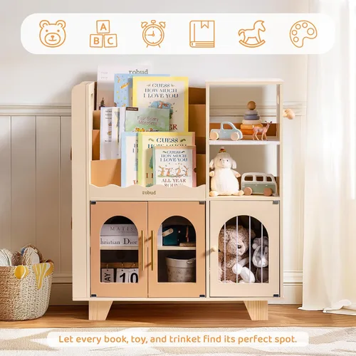 Miniatura 8 de ROBUD Organizador de almacenamiento de juguetes, organizadores y almacenamiento de juguetes todo en uno, estantería de madera para niños con 6