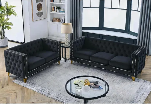 Miniatura 12 de Sofá moderno Chesterfield de terciopelo de 58 pulgadas, respaldos tapizados con brazos de cabeza de clavo, sofá biplaza para sala de estar