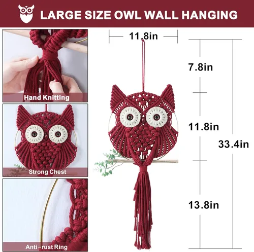 Miniatura 7 de MVSUTA Owl Burgundy Cotton Handmade Macrame Wall Hanging Tapestry Home Decor Art and Red Craft Wonderful Decoration Woven Boho Ornament for Office