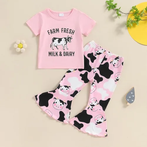 Miniatura 93 de fhutpw Conjunto de camiseta de manga corta con estampado de vaca y pantalones acampanados de dibujos animados para niñas