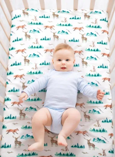 Miniatura 3 de Juego de 4 sábanas ajustables unisex para cuna, diseño de animales del bosque del bosque, de madera, neutro, para bebés, niños o niñas, bosque
