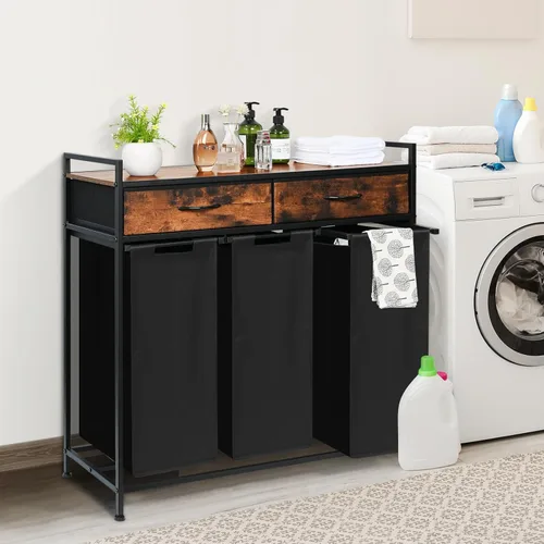 Miniatura 2 de Cesta clasificadora de ropa sucia de 3 secciones, 180 litros con estante y 2 cajones, carrito organizador de almacenamiento de ropa de 3 Marrón