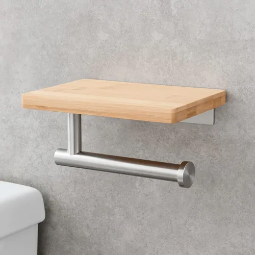 Miniatura 2 de Tecmolog Soporte de rollo de papel de acero inoxidable Soporte de pared para papel higiénico con estante de almacenamiento de madera, níquel Níquel