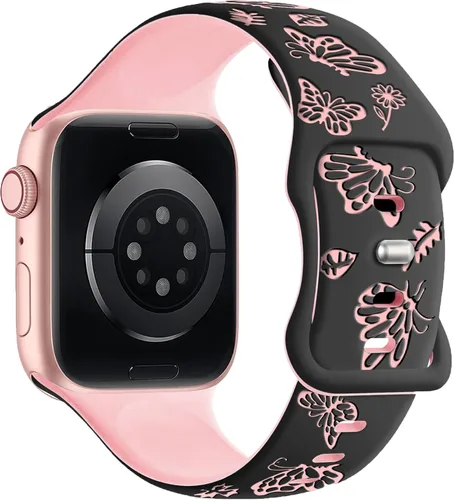 Miniatura 14 de Melyis Correa deportiva de silicona suave grabada con diseño floral y mariposa compatible con Apple Watch de 1.575 pulgadas, 1.614 pulgadas, 1.496