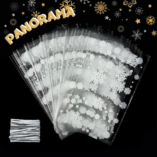 Miniatura 3 de Outus 100 piezas de bolsas de regalo de Navidad, bolsas de celofán con copos de nieve y Santa Claus, recipientes planos de plástico de celofán