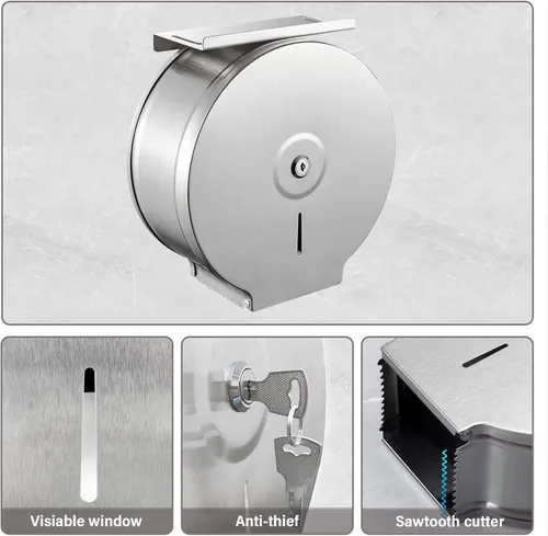 Miniatura 3 de Dispensador de papel higiénico jumbo comercial con estante, soportes para pañuelos, rollo de papel de 9 pulgadas, acero inoxidable con cerradura