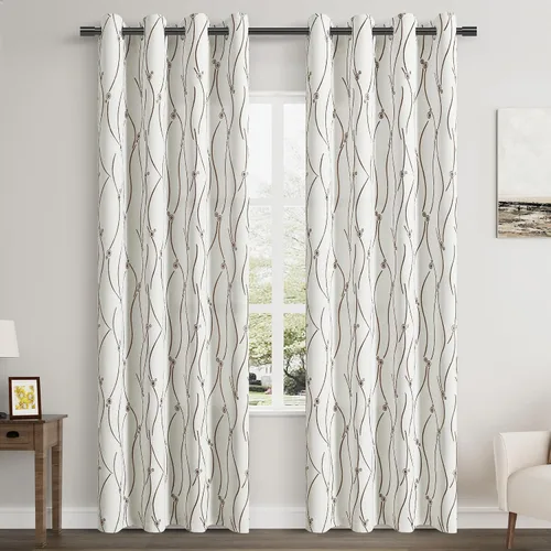 Miniatura 17 de Joywell Cortinas jacquard con ojales para sala de estar, 108 pulgadas de largo, línea ondulada negra con patrón de puntos, cortinas bordadas