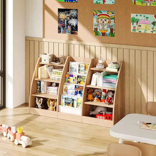 Miniatura 3 de Estantería para niños de 4 niveles, estante de 4 capas para habitaciones de niños, estantería de madera XXL para niños, estante de almacenamiento