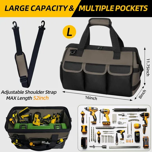 Miniatura 2 de NECKORY Bolsa de herramientas, organizador de caja de herramientas portátil, correa de hombro ajustable, bolsa de transporte de herramientas Café