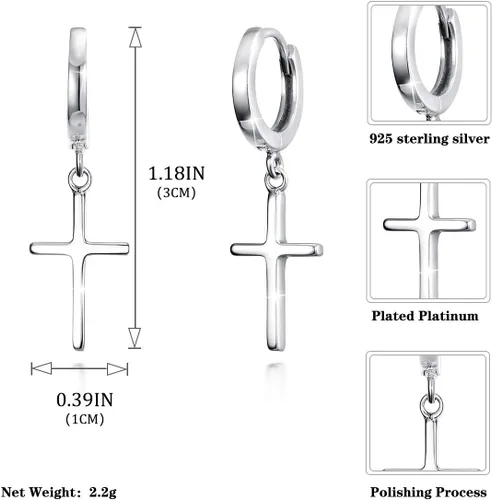 Miniatura 5 de Aretes de cruz de plata de ley 925, delicados aretes de aro para mujeres y hombres