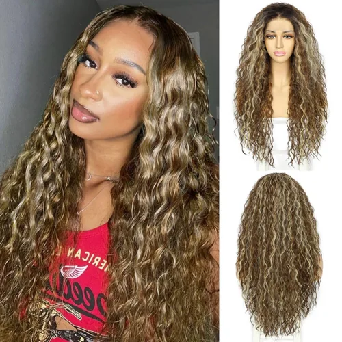 Miniatura 8 de SAPPHIREWIGS Pelucas de encaje frontal color marrón, sin pegamento, onda de agua, de encaje frontal sintético, para mujeres afrodescendientes