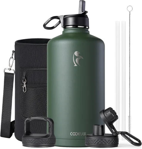 Miniatura 116 de Coolflask Botella de agua de 20 onzas aislada con pajilla, 3 tapas de metal de acero inoxidable, botella de agua de boca ancha para deportes u