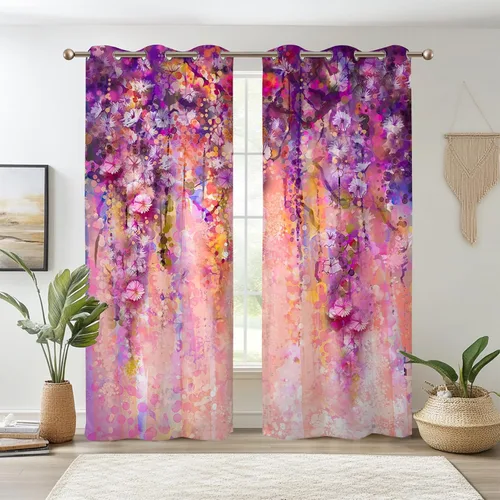 Renaiss Cortinas opacas con diseño floral de color rosa, con ojales, para dormitorio, aislamiento térmico, acuarela, para cocina, juego de 2 paneles