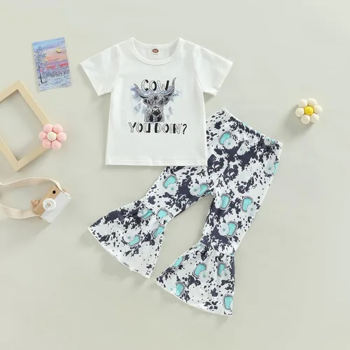 Miniatura 79 de fhutpw Conjunto de camiseta de manga corta con estampado de vaca y pantalones acampanados de dibujos animados para niñas