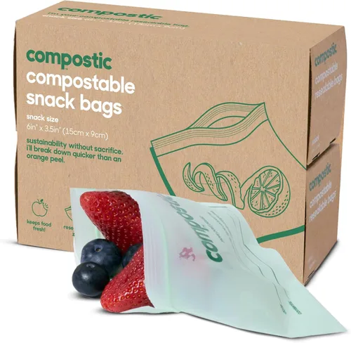 Miniatura 13 de Compostic Bolsas compostables para aperitivos, tamaño de aperitivo (60 unidades), paquete de iniciación – Sellado resellable, a base de plantas