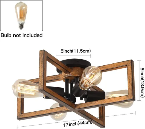 Miniatura 4 de KEESFU Lámpara de techo retro semiempotrada de 4 luces, con acabado de grano de madera de granja, iluminación rústica para dormitorio, sala