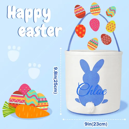 Miniatura 4 de Cesta de lona de Pascua personalizada con asa, cubo de huevo y conejo, color azul