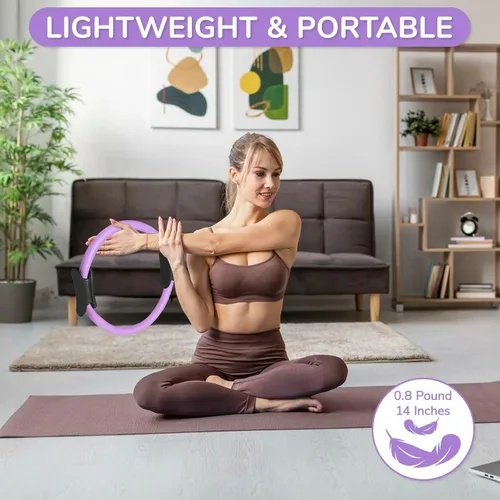 Miniatura 2 de TOPZGLEEY Juego de Anillo de Pilates – Círculo Mágico Antideformación de 14" con Asas Acolchadas, Mini Pelota, 5 Bandas de Resistencia, Guía, Equipo