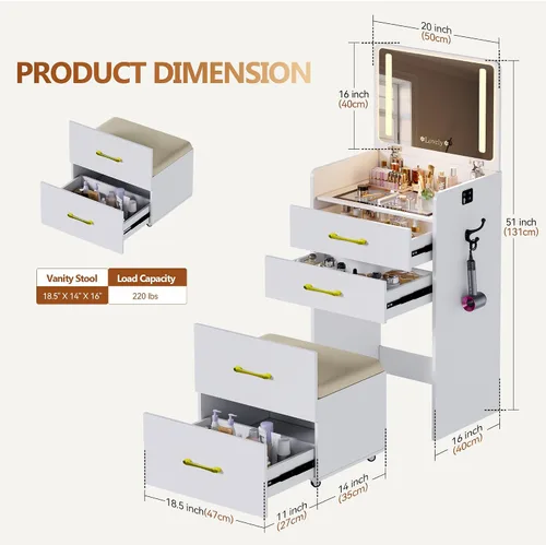 Miniatura 6 de Escritorio de tocador 3 en 1 con espejo abatible y luces, mesa de tocador de maquillaje con parte superior de vidrio con estación de carga, tocador