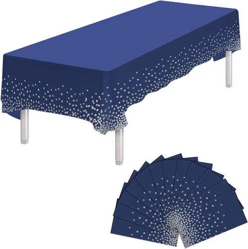 Miniatura 10 de Paquete de 4 manteles de plástico desechables azules y dorados para mesa rectangular, manteles desechables de 54 x 108 pulgadas, manteles