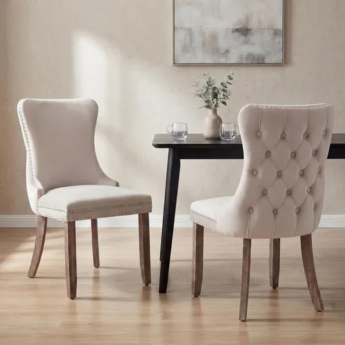 Miniatura 21 de OVENTA Juego de 4 sillas de comedor modernas tapizadas con respaldo completo, sillas de comedor de terciopelo dorado con patas de madera maciza