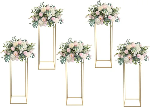 Miniatura 14 de 10 soportes de metal para centros de mesa de boda, jarrones de columna, soporte de flores de boda, soporte rectangular geométrico dorado