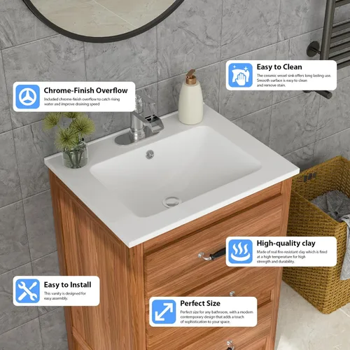 Miniatura 2 de Lordear Fregadero de baño blanco con un agujero de 24 x 20 pulgadas, un agujero, porcelana, cerámica, lavabo para lavabo de baño de 24 pulgadas