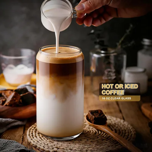 Miniatura 2 de Vasos de vidrio con tapas y pajitas, 1 paquete, tazas de café de vidrio, taza de vidrio con tapa para café helado, batido, cóctel, cerveza, whisky