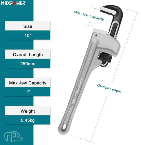 Miniatura 2 de MAXPOWER Llave de tubo de 10 pulgadas, llave de plomería ajustable de aluminio 40% más ligera