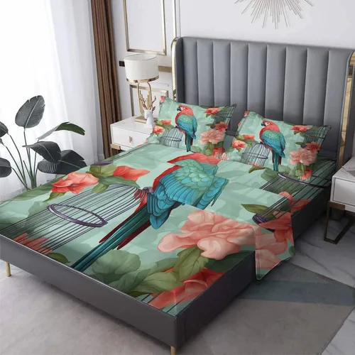 Miniatura 8 de Parrot Sheets - Juego de sábanas de tamaño individual, sábanas de microfibra suave y bolsillo profundo, sábanas y fundas de almohada estampadas sin