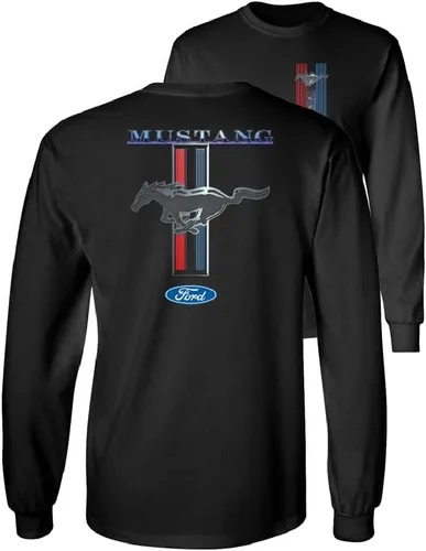 Ford Mustang Pony Racing Stripe 5.0 Muscle Cars Camiseta de manga larga con estampado delantero y trasero Negro