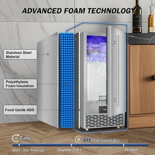 Miniatura 8 de Máquina de hielo bajo mostrador - 120 libras/día, empotrada/independiente, autolimpieza, puerta reversible, almacenamiento de hielo incorporado