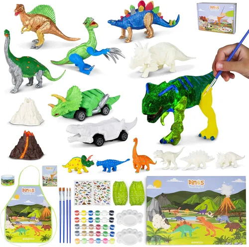 BONNYCO Juguetes de dinosaurio para niños, kit de pintura de 16 figuras. Kits de manualidades para niños con juguetes que brillan en la oscuridad,