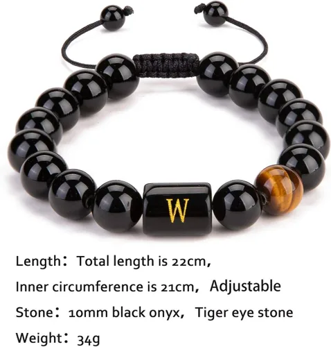 Miniatura 3 de FRG - Brazalete hecho a mano con letra inicial del nombre, las cuentas son de ónix negro u ojo de tigre, la cuerda es trenzada, un brazalete lleno