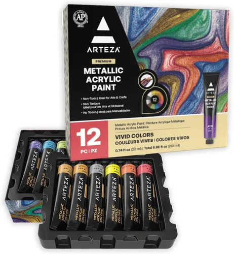 ARTEZA Juego de pintura acrílica metálica, 12 colores, tubos de 0.74 onzas líquidas, pintura brillante de alta viscosidad para lienzo, madera, roca