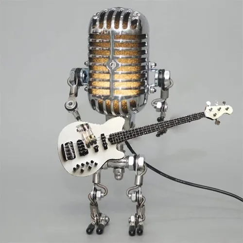 Lámpara de Robot de Guitarra con Micrófono Vintage, Regalos de Música para Hombres, Regalos Geniales para Amantes de la Música, Luz Vintage Blanco