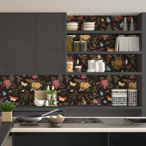 Miniatura 7 de VEELIKE Papel pintado de caléndulas oscuras, mariposas negras vintage, 17.7 x 118 pulgadas, mural de pared floral extraíble, papel de contacto